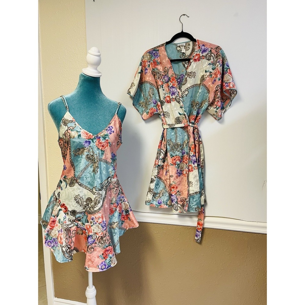 Cinema Etoile Vintage 2 Piece Nightgown‎ Kimono Robe Set Floral Chain Print M/L